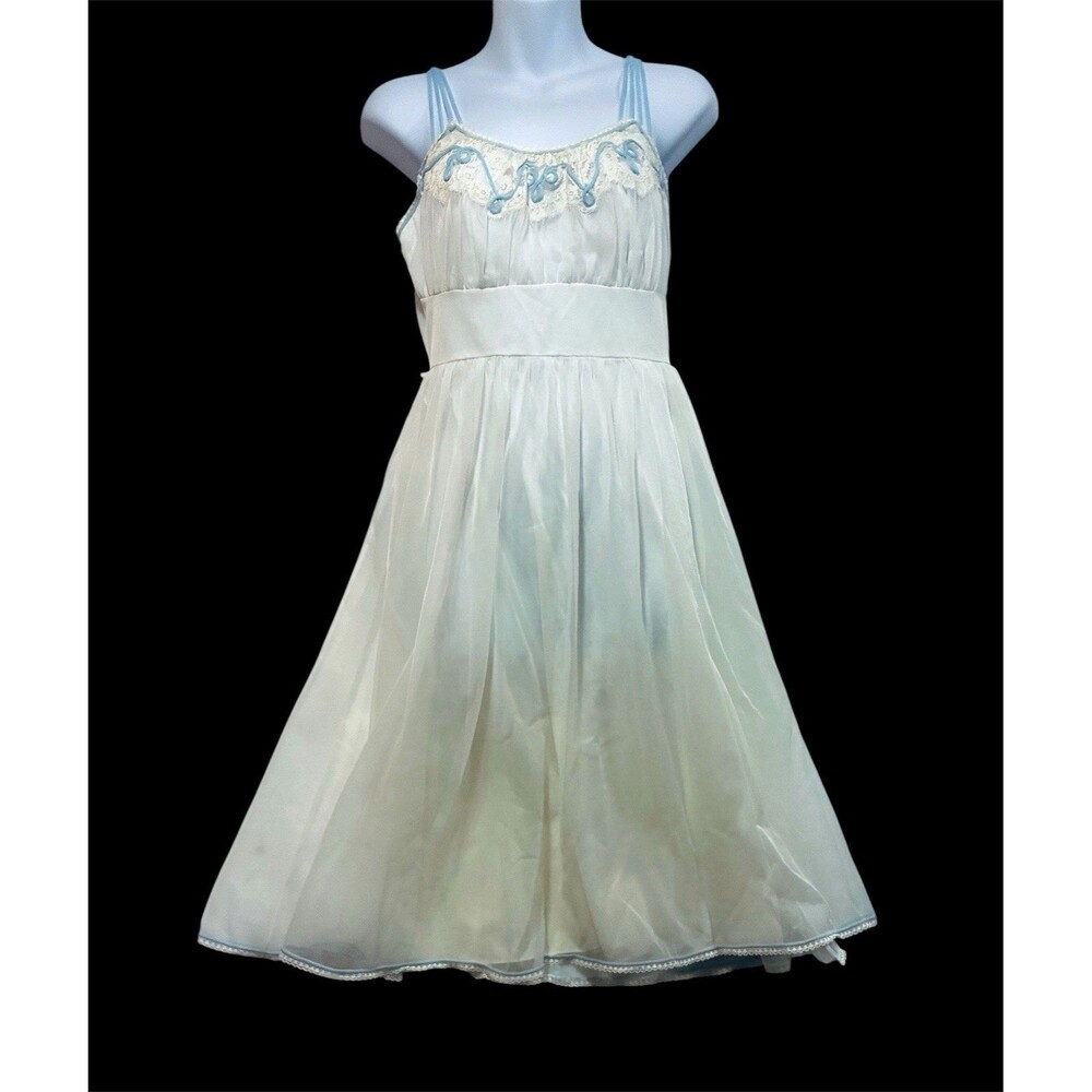 Vtg 60s Gotham Gold Stripe Slip Dress Nightgown Sz 32 Ivory Blue Nylon Fairy